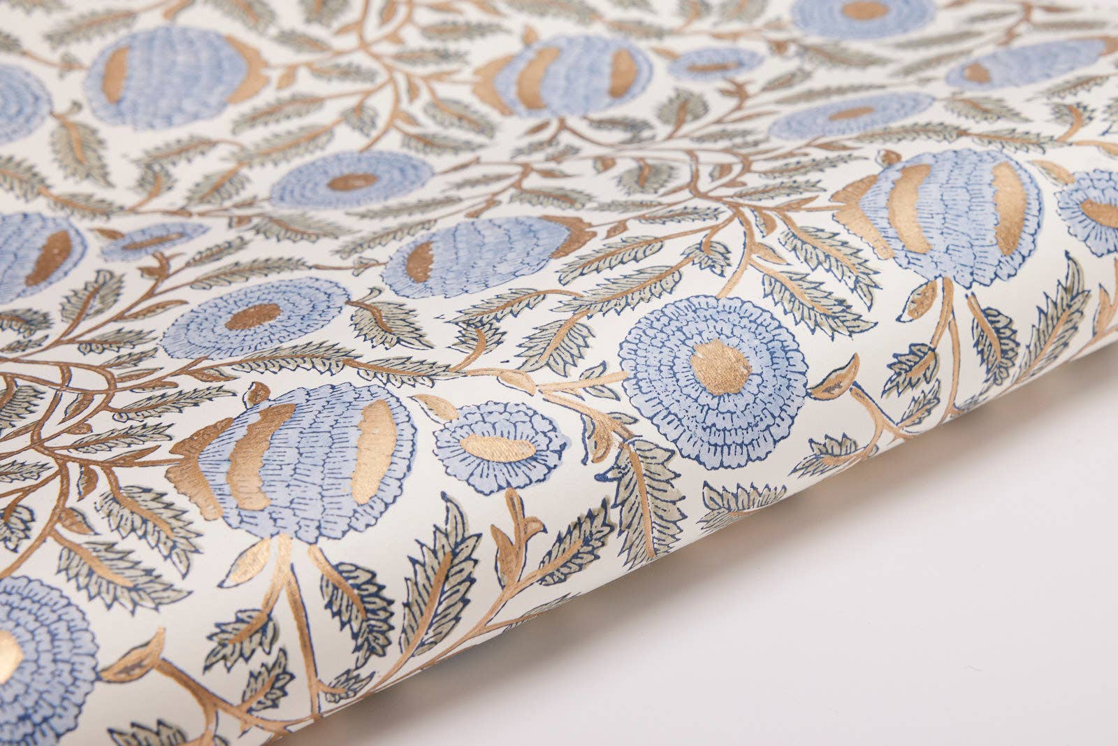 Block Printed Wrapping Paper Sheets-Marigold Glitz BlueStone - Chobham Flowers #