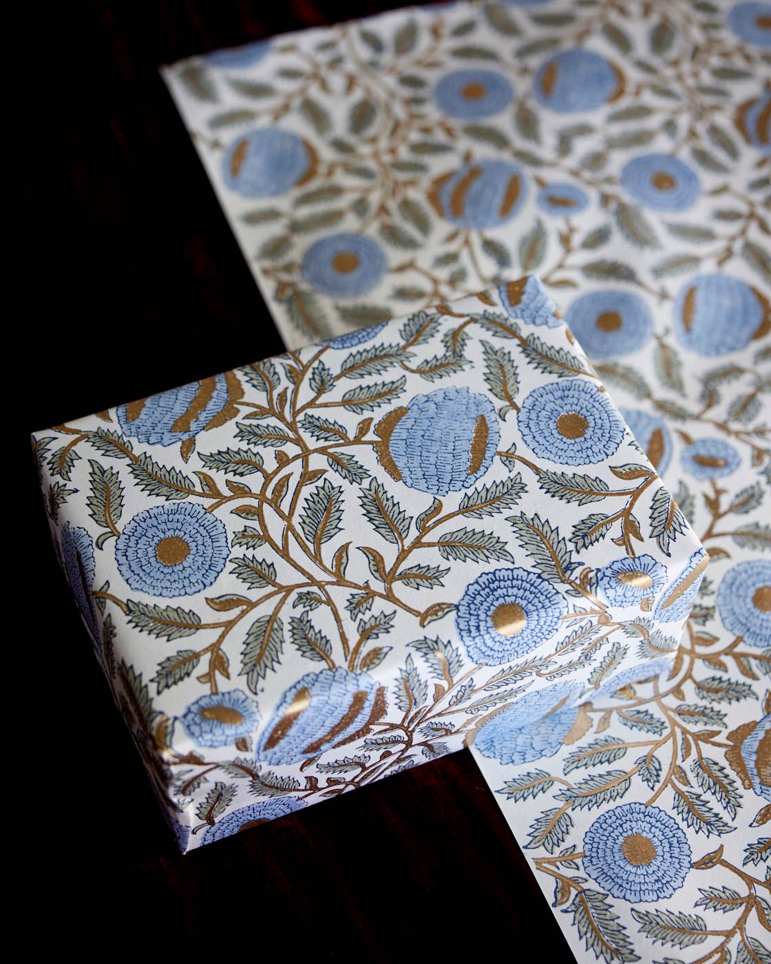 Block Printed Wrapping Paper Sheets-Marigold Glitz BlueStone - Chobham Flowers #