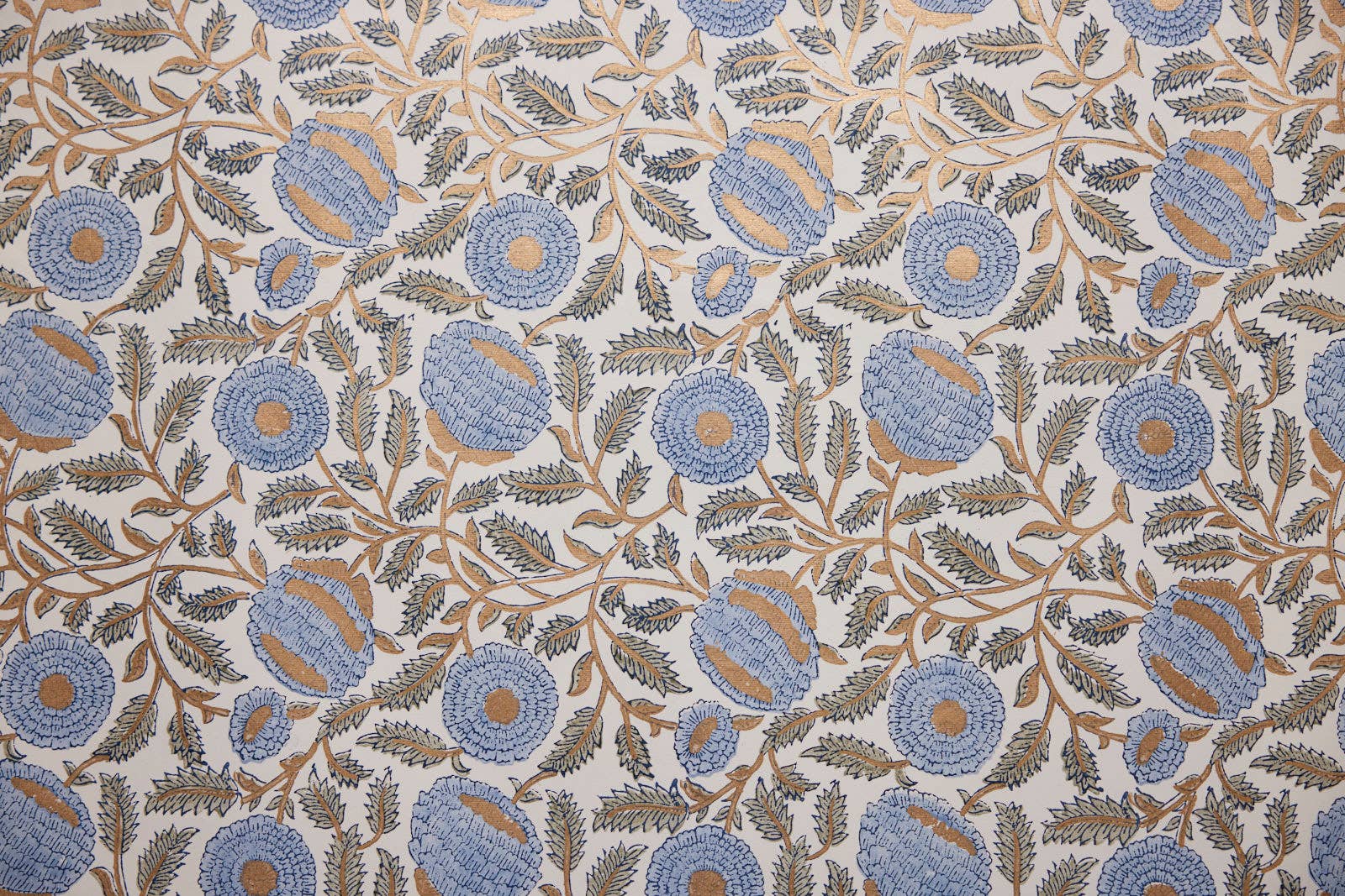 Block Printed Wrapping Paper Sheets-Marigold Glitz BlueStone - Chobham Flowers #