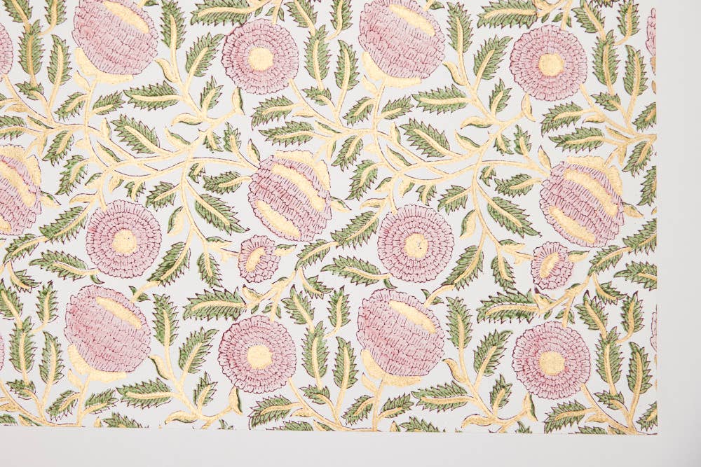 Block Printed Wrapping Paper Sheets - Marigold Glitz Blush - Chobham Flowers #