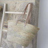Handmade Straw Beach Basket with Leather Handles