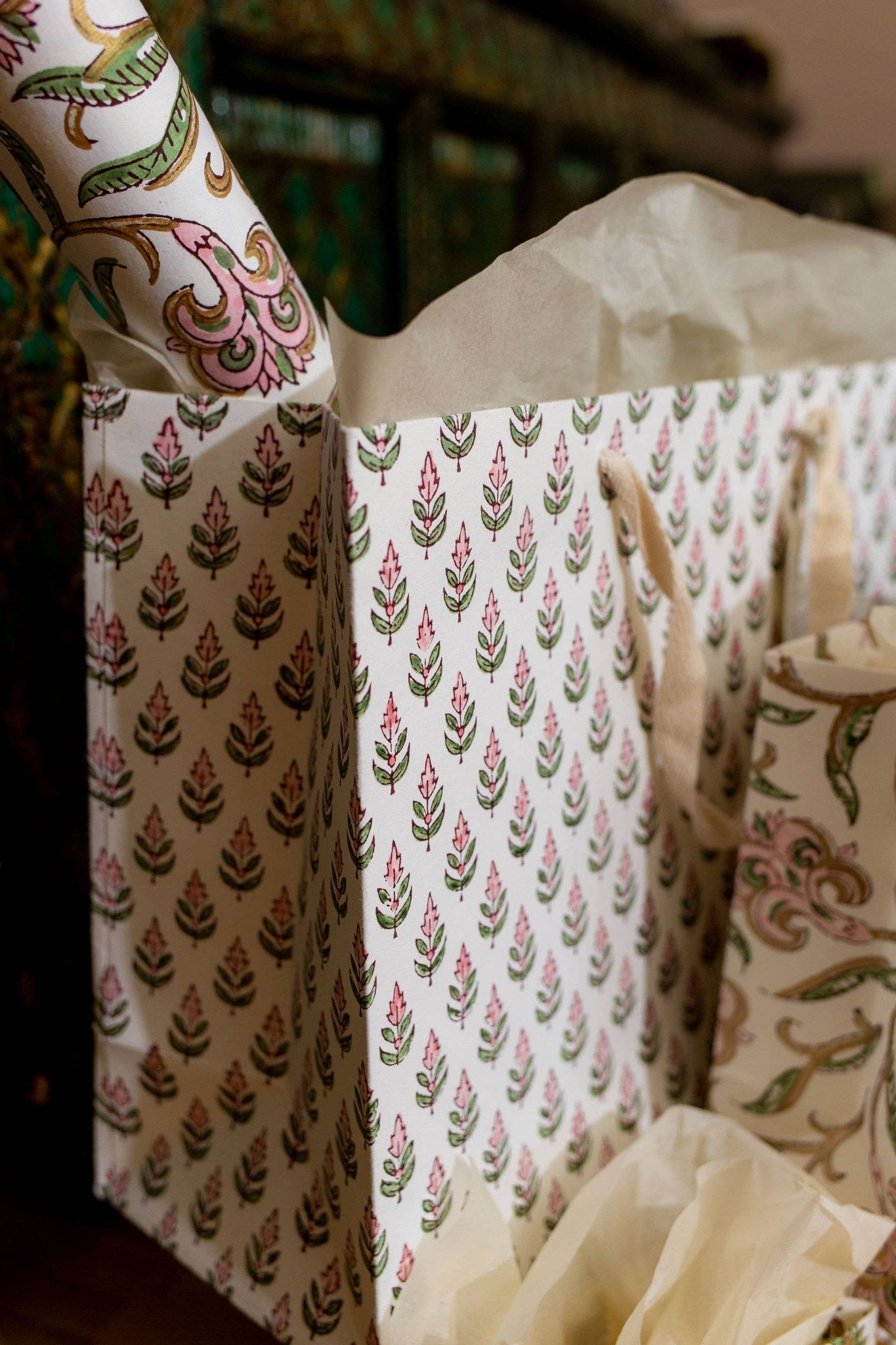 Hand Block Printed Gift Bags (Large) - Blush - Chobham Flowers #