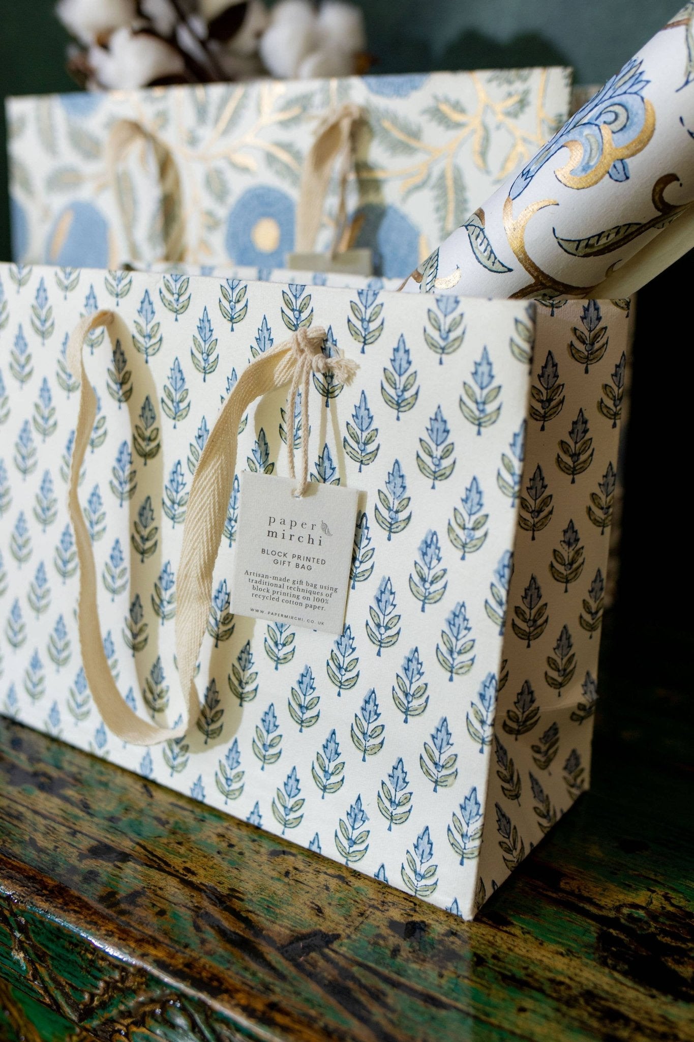 Hand Block Printed Gift Bags (Medium) - Blue Stone - Chobham Flowers #