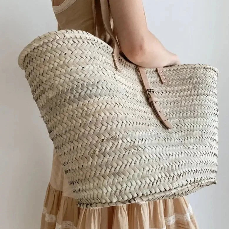 STRAW BAG Handmade Moroccan Basket with Leather - Chobham Flowers #