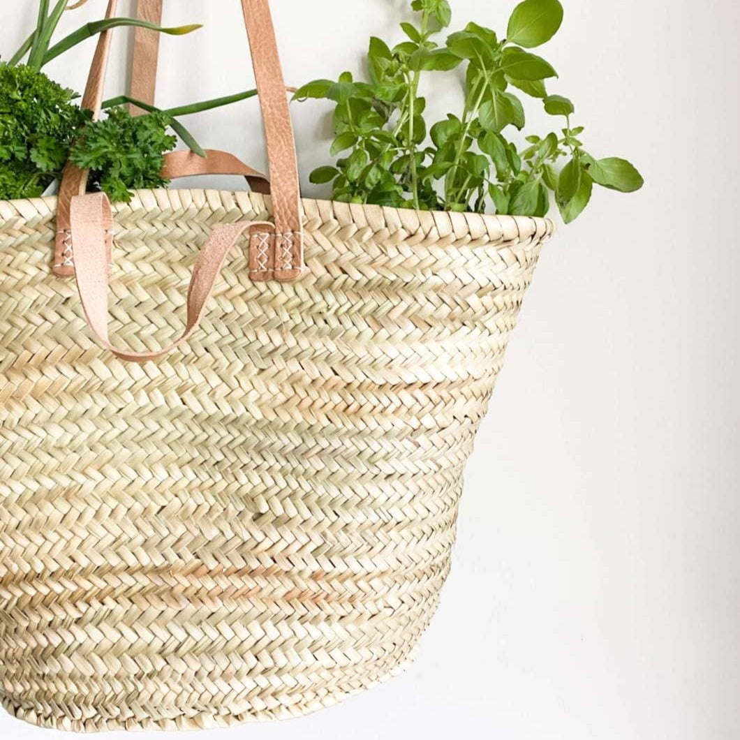 STRAW BAG Handmade with leather, French Market Basket - Chobham Flowers #Brown