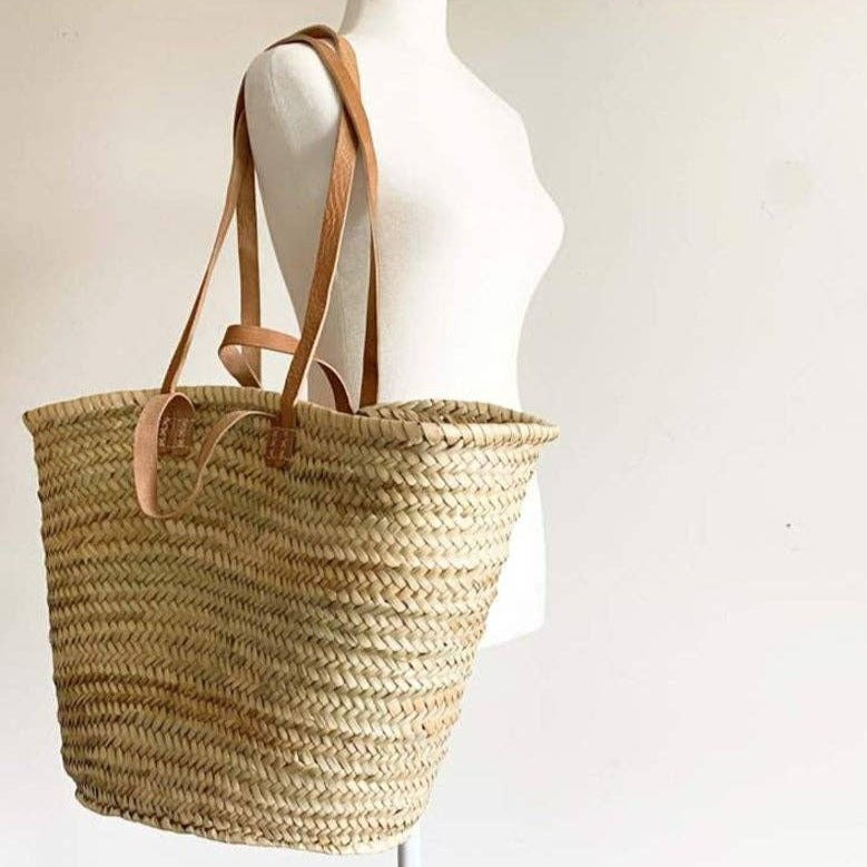 STRAW BAG Handmade with leather, French Market Basket - Chobham Flowers #Brown