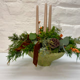 Peach Ilex & Mixed Foliage Christmas Table Arrangement with Luxury Velvet Bow