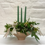 Luxury White & Green Christmas Table Arrangement with Candles