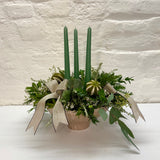 Luxury White & Green Christmas Table Arrangement with Candles