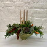 Peach Ilex & Mixed Foliage Christmas Table Arrangement with Luxury Velvet Bow