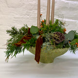 Peach Ilex & Mixed Foliage Christmas Table Arrangement with Luxury Velvet Bow