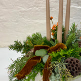 Peach Ilex & Mixed Foliage Christmas Table Arrangement with Luxury Velvet Bow