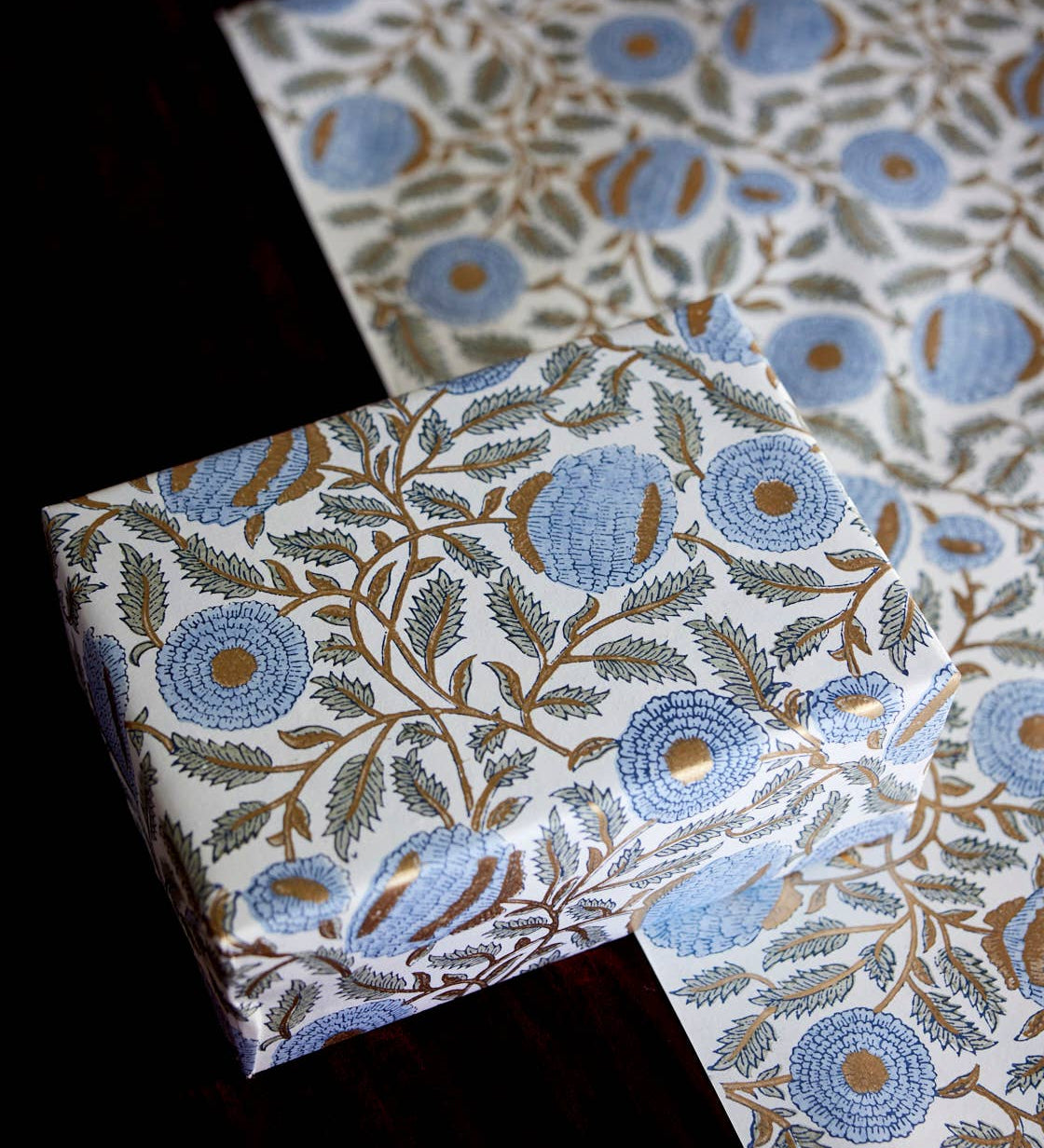 Block Printed Wrapping Paper Sheets-Marigold Glitz BlueStone - Chobham Flowers #