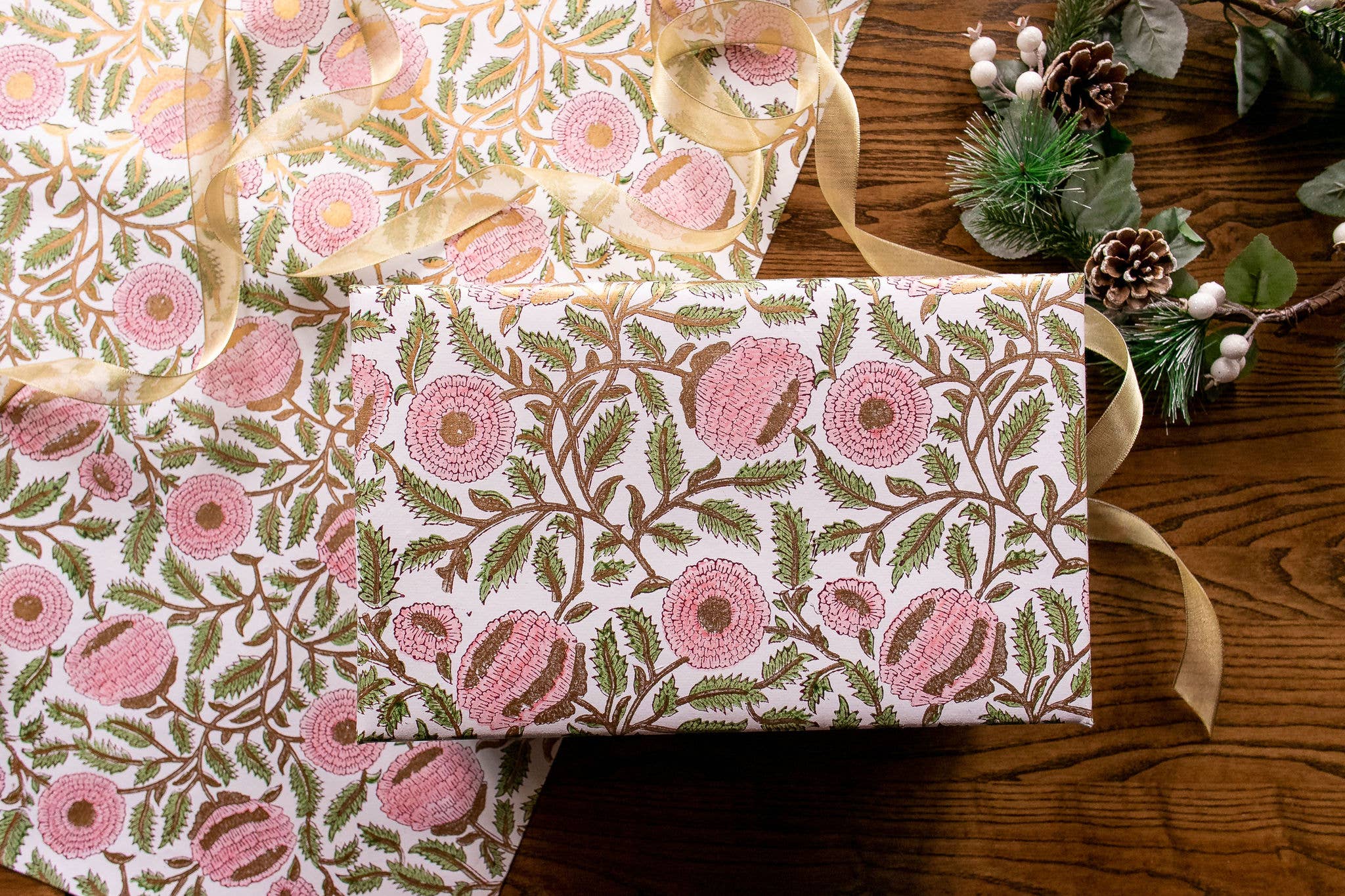 Block Printed Wrapping Paper Sheets - Marigold Glitz Blush - Chobham Flowers #