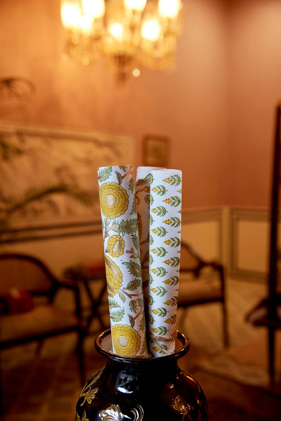 Block Printed Wrapping Paper Sheets -Marigold Glitz Sunshine - Chobham Flowers #