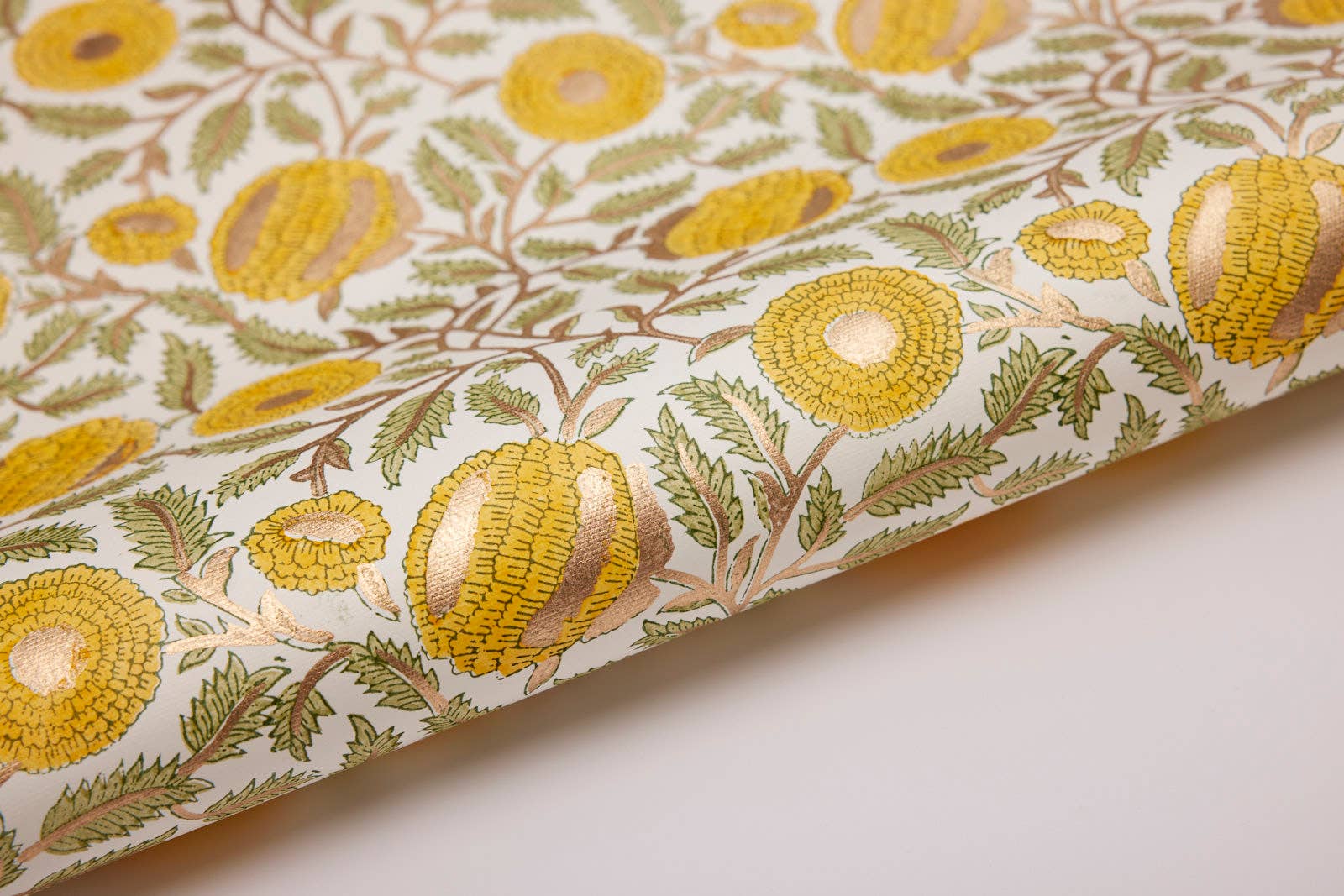 Block Printed Wrapping Paper Sheets -Marigold Glitz Sunshine - Chobham Flowers #