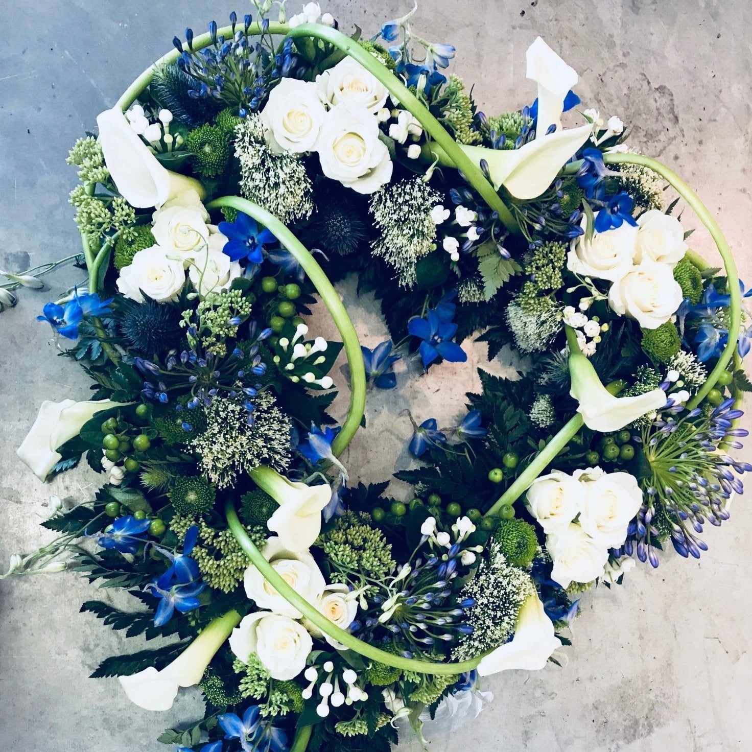 Blue & White Open Centre Heat - Funeral Flowers - Chobham Flowers #12 Inch