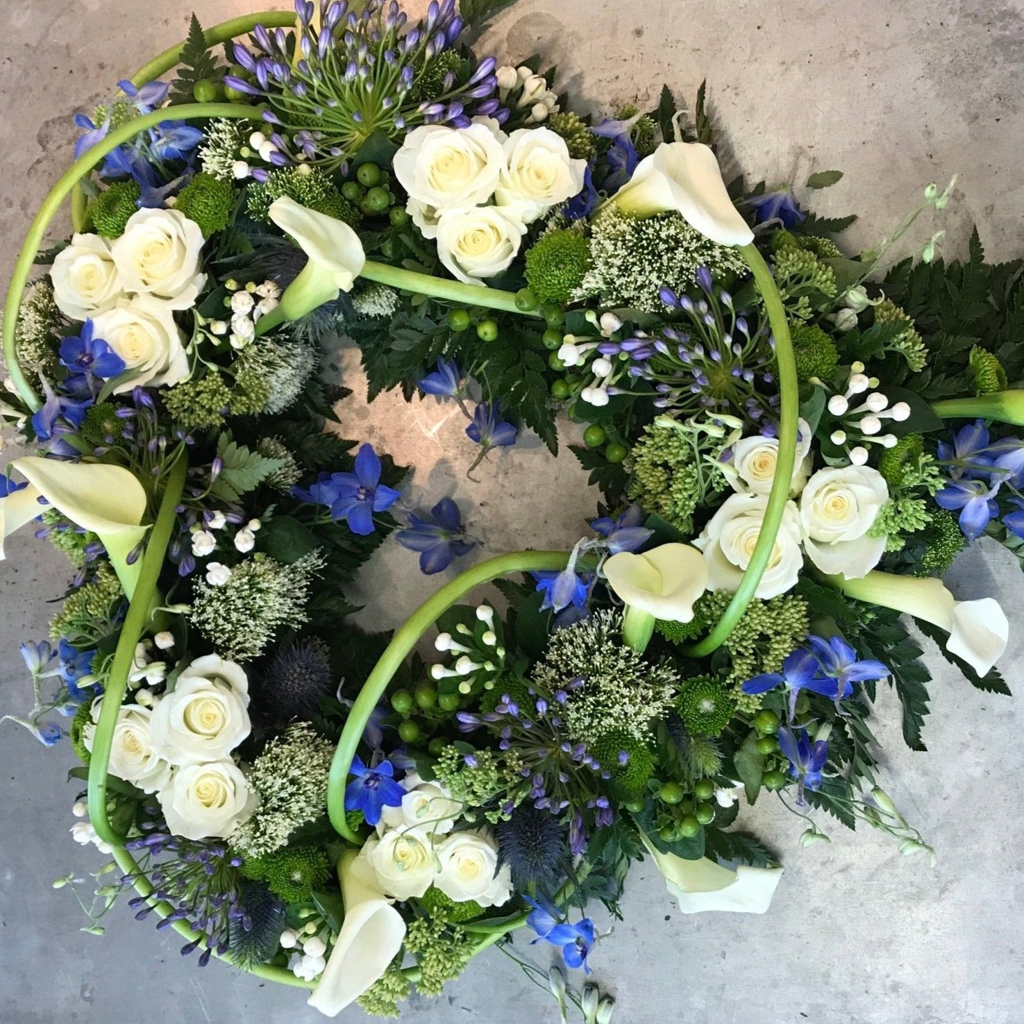 Blue & White Open Centre Heat - Funeral Flowers - Chobham Flowers #18 Inch