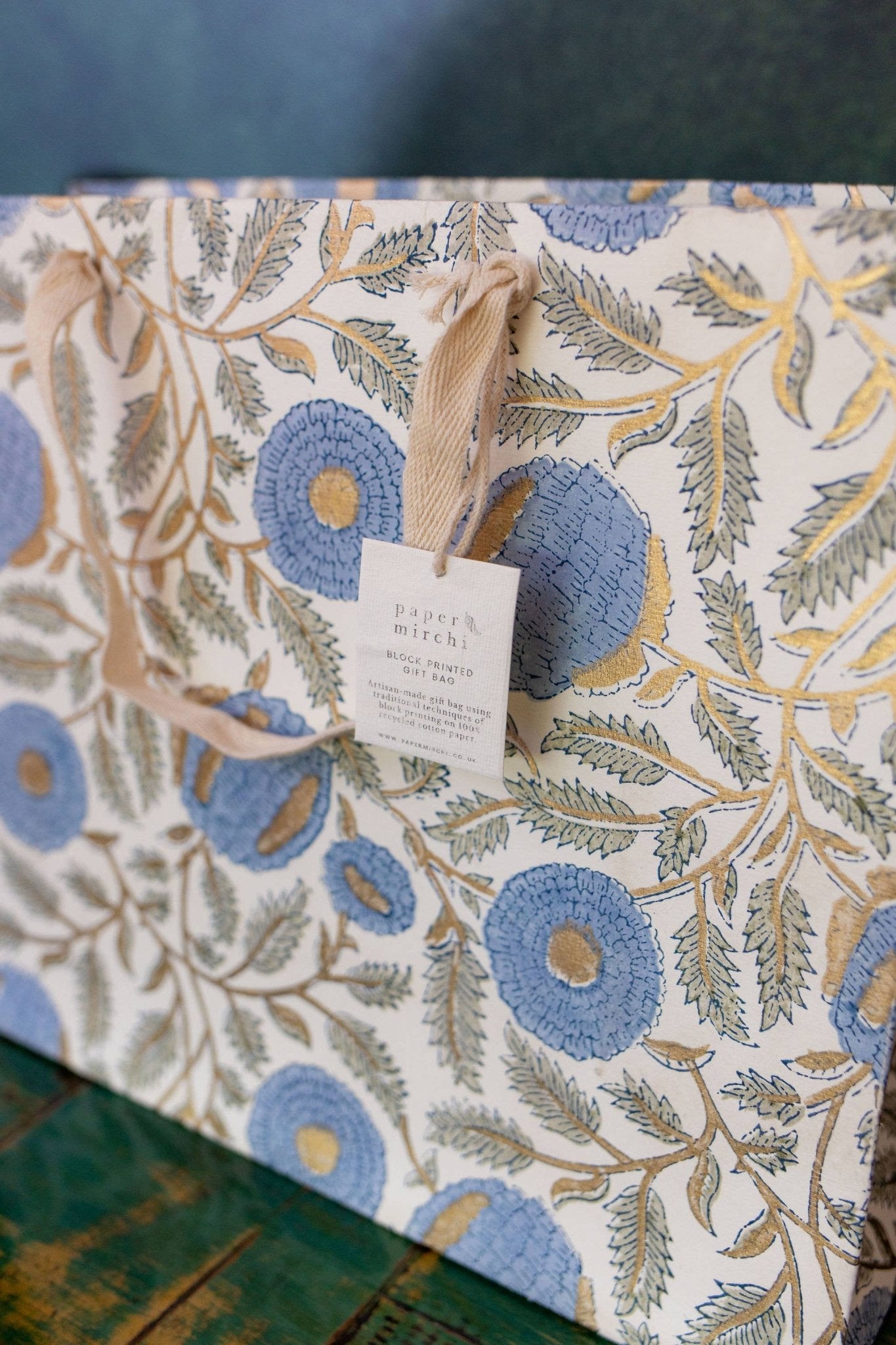 Hand Block Printed Gift Bags (Large) - Blue Stone - Chobham Flowers #