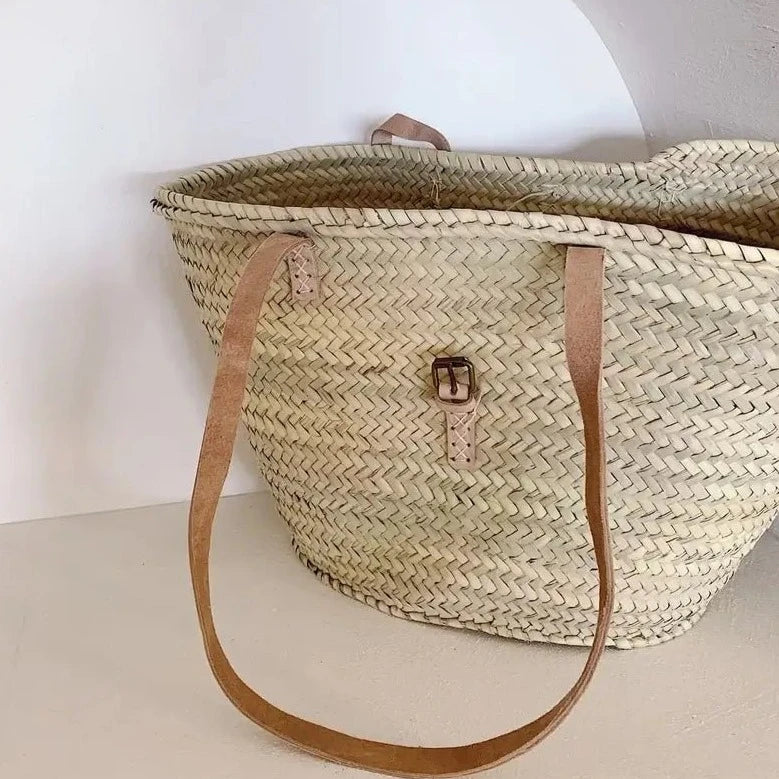 STRAW BAG Handmade Moroccan Basket with Leather - Chobham Flowers #
